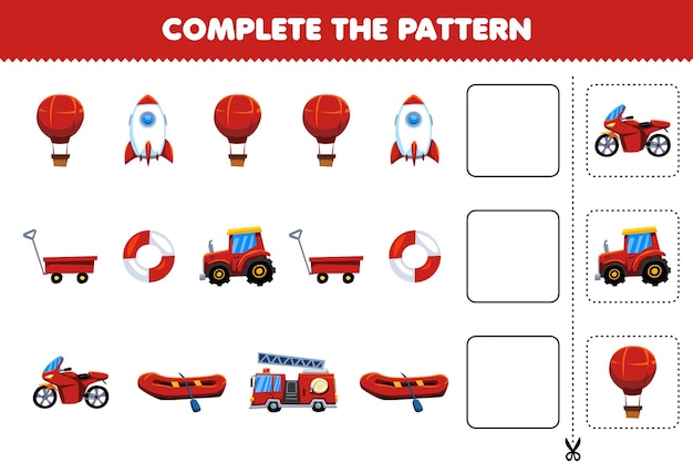 Educatief spel voor kinderen voltooi het patroon logisch denken, vind de regelmaat en ga door met de rijtaak met rood transport