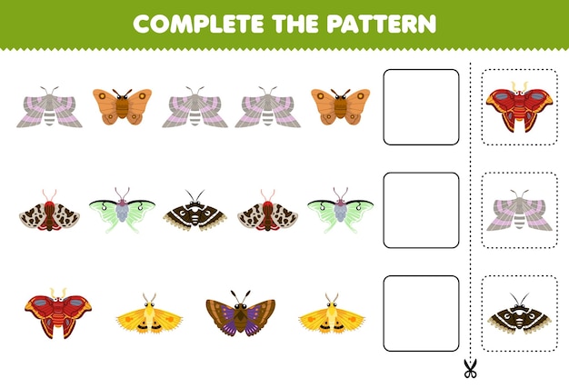 Educatief spel voor kinderen voltooi het patroon van het schattige werkblad met printbare insectenvlinders