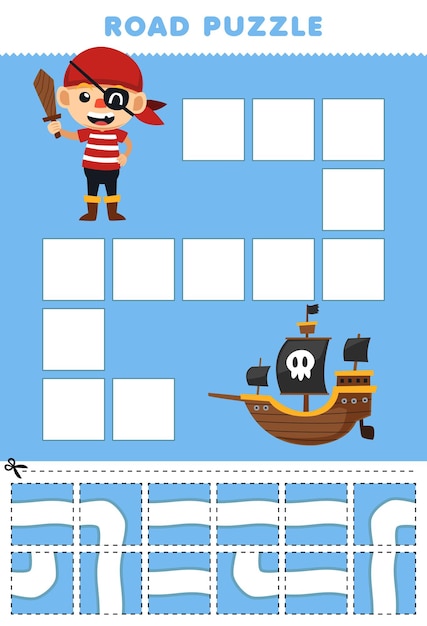 Vector educatief spel voor kinderen, wegpuzzel, helpt piratenjongen om naar het afdrukbare halloween-werkblad van het schip te gaan