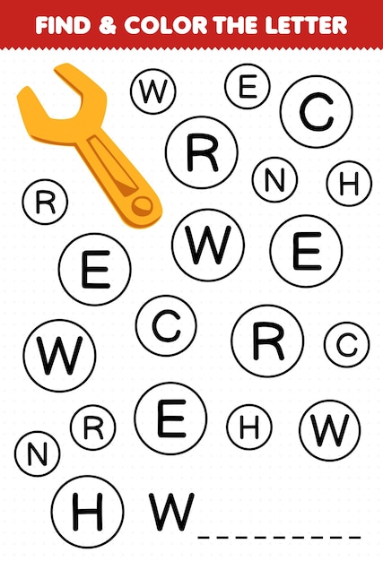 Educatief spel voor kinderen zoek en kleur de letter W voor het werkblad voor het afdrukken van een moersleutel