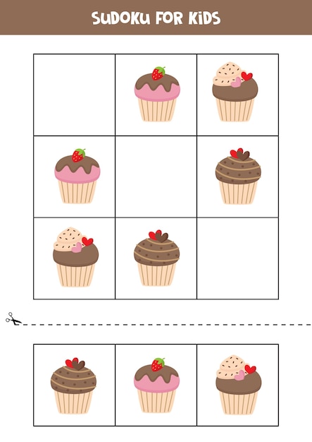 Educatief sudoku-spel met schattige cartoon cupcakes