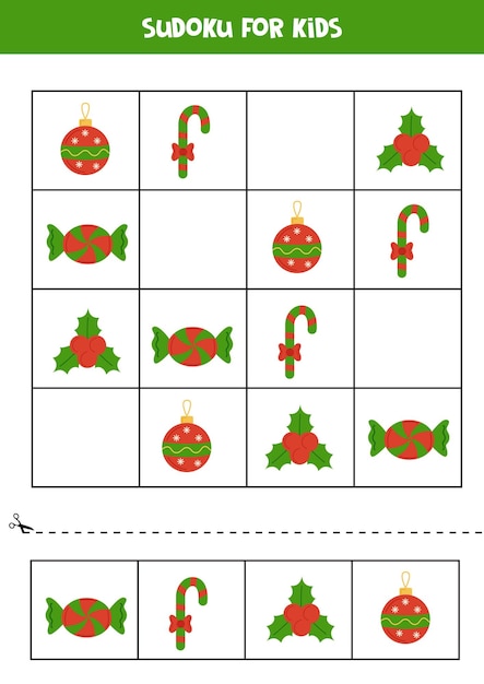 Educatief sudoku-spel met schattige kerstelementen