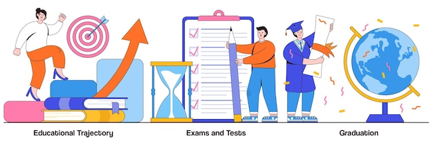 Educatief traject, examens en tests, afstudeerconcept met kleine mensen. persoonlijke groei abstracte vector illustratie set. kenniscontrole, academische certificaatmetafoor.