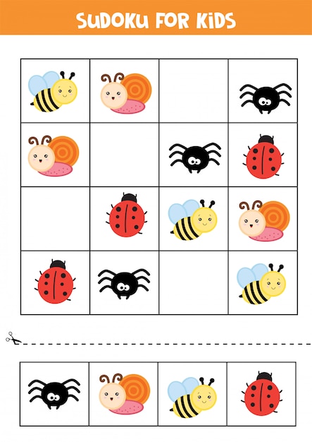 Educatief werkblad voor kleuters. Sudoku voor kinderen met insecten.