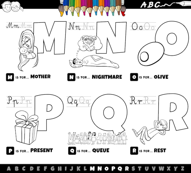 educatieve alfabet letters cartoon set van M tot R kleurpagina