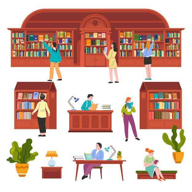 Vector educatieve bibliotheek of boekwinkel met lezers
