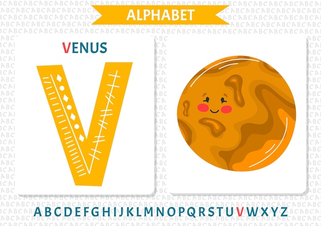 Educatieve cartoon afbeelding van letter V uit alfabet met Venus planeet karakter