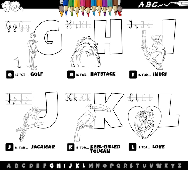 Educatieve cartoon alfabetletters ingesteld van g tot l kleurplaat