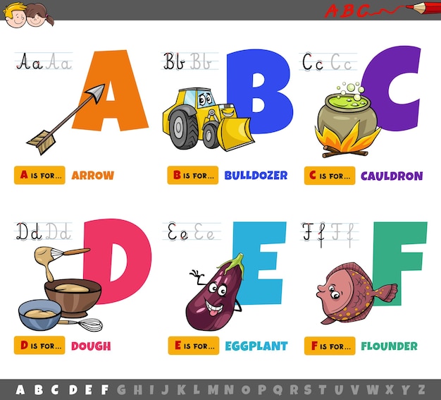 Vector educatieve cartoon alfabetletters voor kinderen van a tot f
