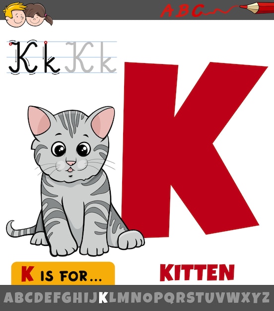 Educatieve cartoon illustratie van letter k uit alfabet met kitten voor kinderen