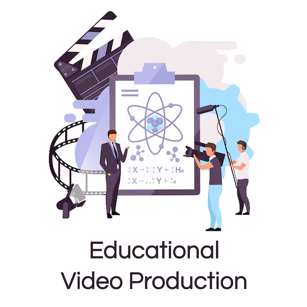 Educatieve videoproductie platte concept pictogram. tutorial, wetenschapslezing schieten sticker, clipart. e-learning, videostreaming en bloggen. geïsoleerde cartoon illustratie op witte achtergrond