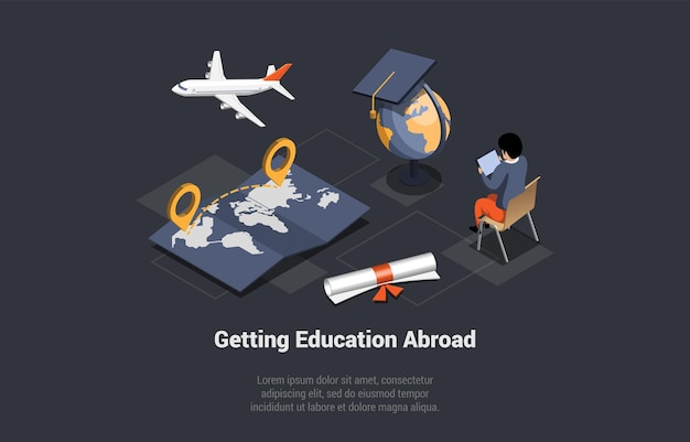 Education Abroad Work And Travel Program Concept Man Exchange Student Sitting In Front Of Globe With Tablet Go For Trip By Plane Internet Education Course Degree Isometric 3D Vector Illustration