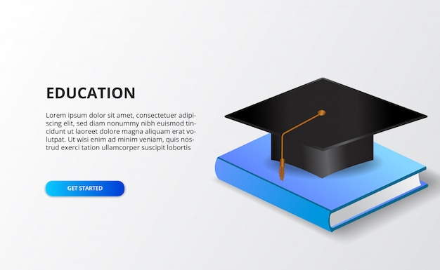 Education academic concept with graduation cap and book 3d isometric