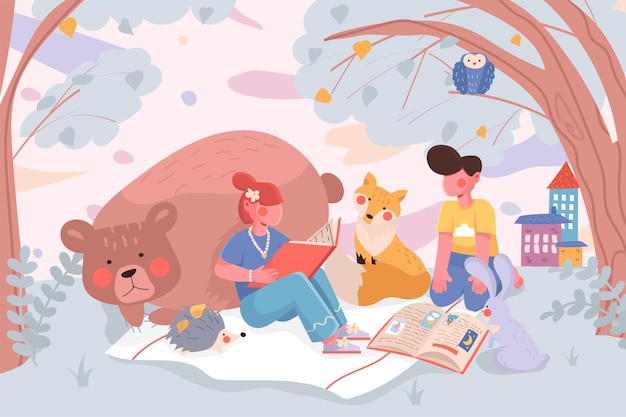 Education banner kids read books or learn textbooks with cute animals at picnic in park background p...