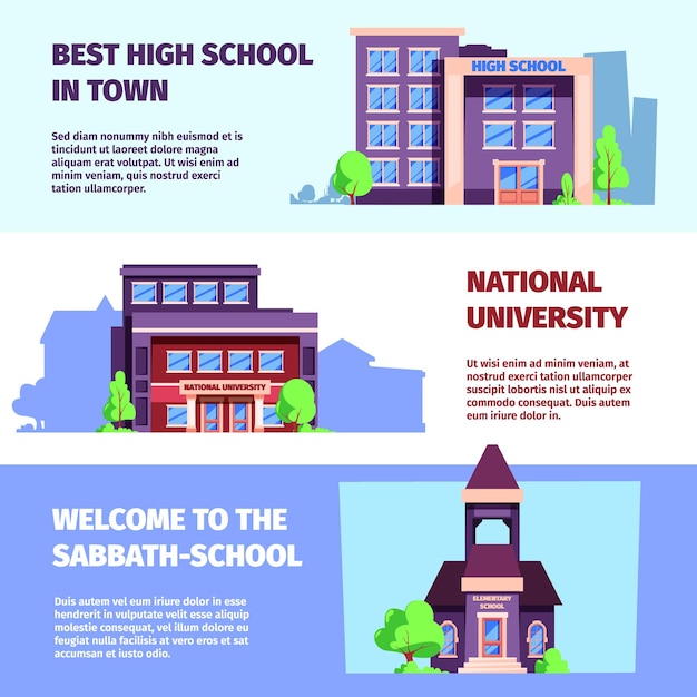 Education banners print template with school buildings facades garish vector pictures with place for text