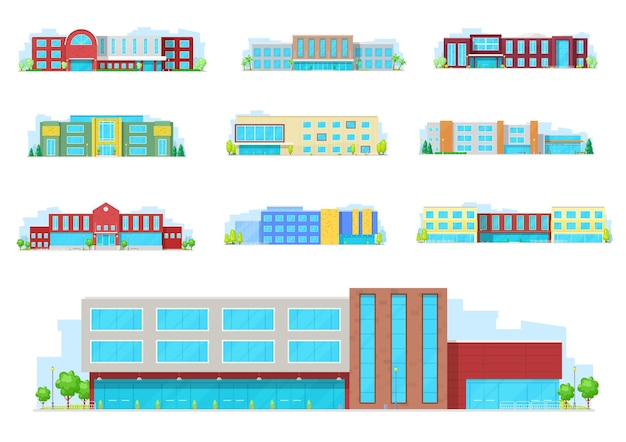 Education building isolated icons with school