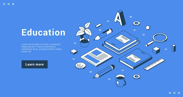 Vector education or business training learning information school college university internet banner landing page isometric vector illustration. studying cyberspace course with book textbook stationery