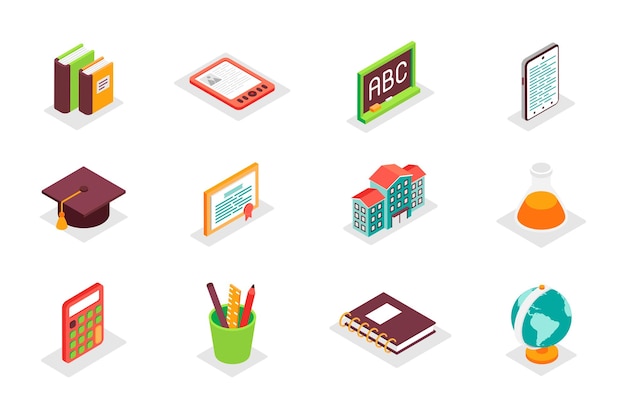 Education concept 3d isometric icons set Vector illustration in modern isometry design