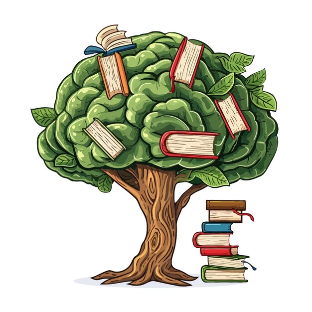 Vettore education_concept_brain_tree_cartoon_style