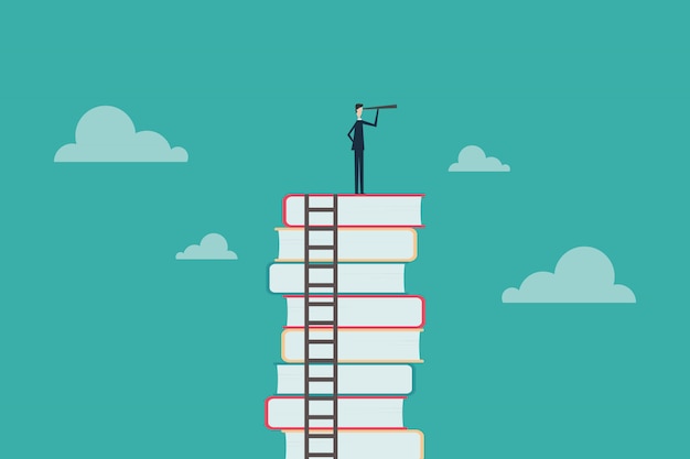 Education concept Businessman standing on books looking in the future
