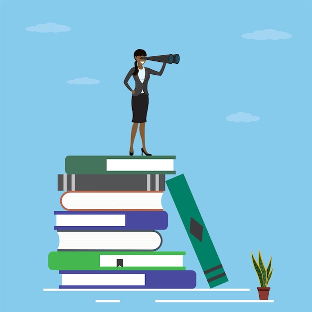 Education concept Businesswoman or student standing on stack of books looking go to the future