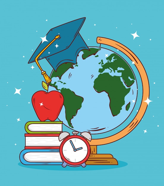 Vector education concept, globe earth with hat graduation and school supplies, vector illustration design