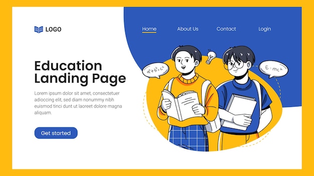 Education concept happy students studying with books landing page template