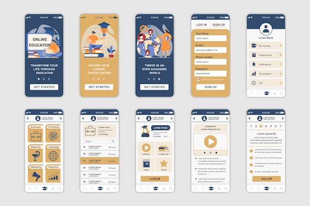 Education concept screens set for mobile app template UI UX GUI user interface kit