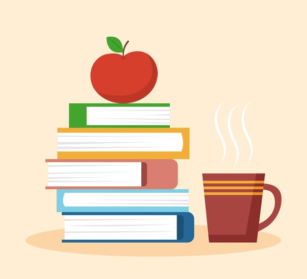 Vector education concept - stack of books, apple and cup of tea