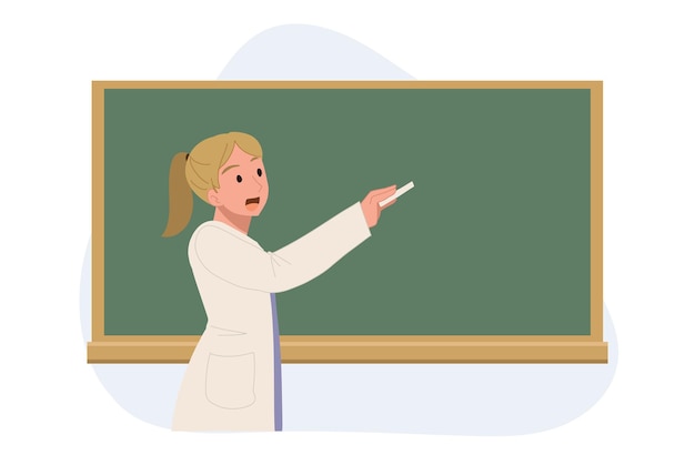 Education concept studying learning teaching Female teacher is writing on chalkboard in classroomvector cartoon illustration