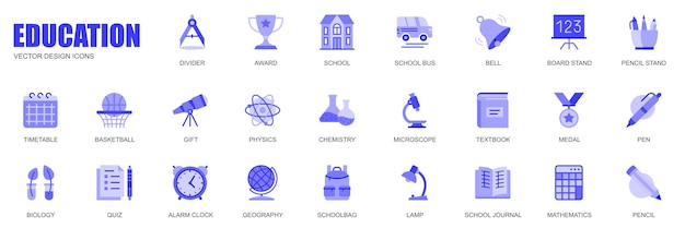 シンプルなフラット デザインで設定された web アイコンの教育概念ディバイダー賞スクールバス ベル通学バッグ鉛筆ギフト物理化学ランプとモバイル アプリの他のベクトル青ピクトグラムのパック