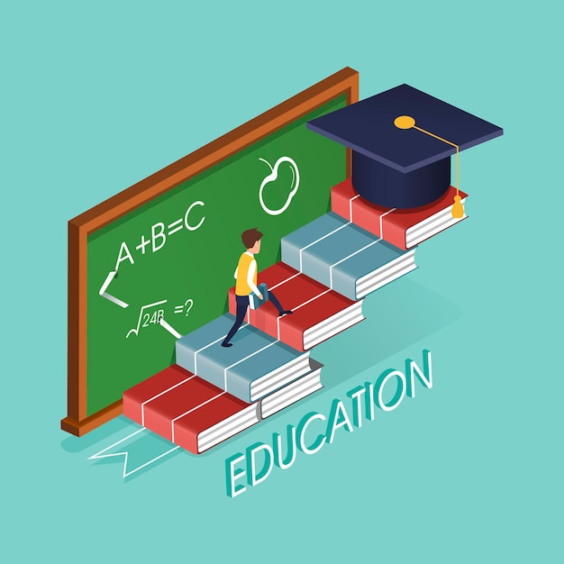 Vector education concept with book stairs in 3d isometric flat design