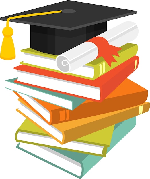 Концепция образования с выпускным колпачком и дипломом стопки книг