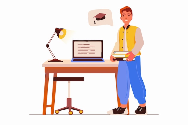 Education concept with people scene in the flat cartoon design A guy is getting an online education