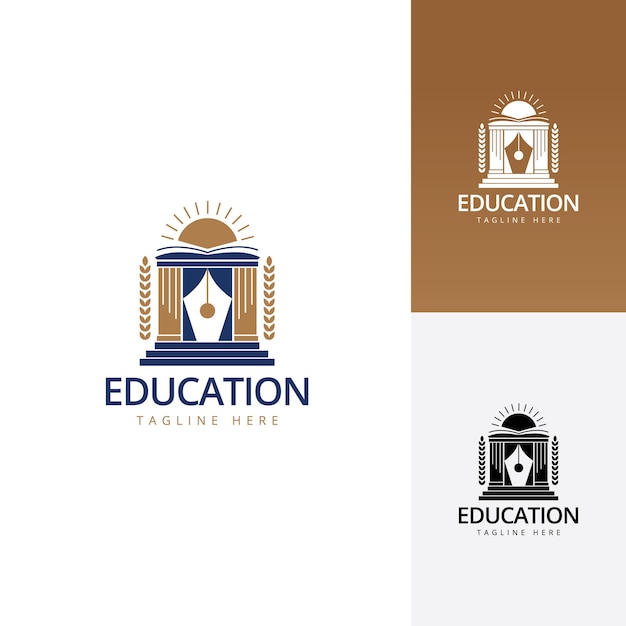 強いゲート ペン水田と日の出の組み合わせのロゴのテンプレートと教育コース学校のロゴ