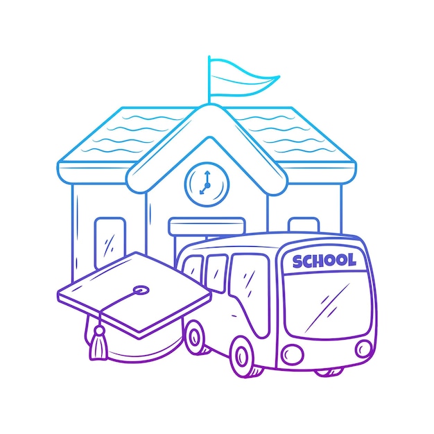 Education doodle art with hand drawn of school bus and graduation hat illustration