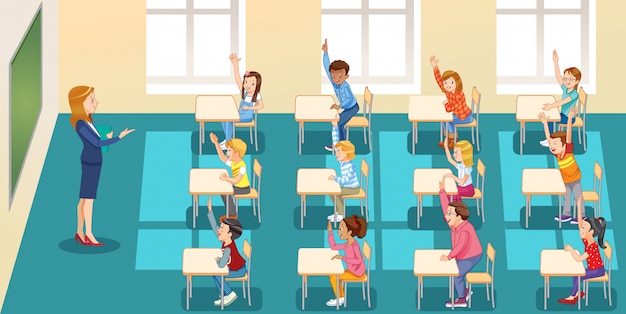 Vector education, elementary school, learning and people, groupschool kids with teacher sitting in classroom and raising hands