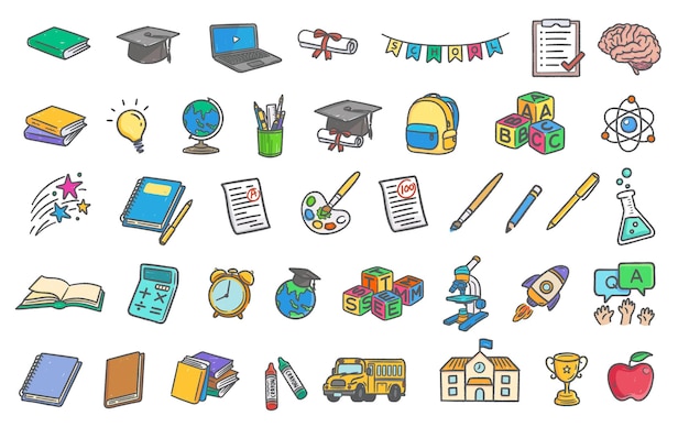 Education elements hand drawn objects colored line vector illustration