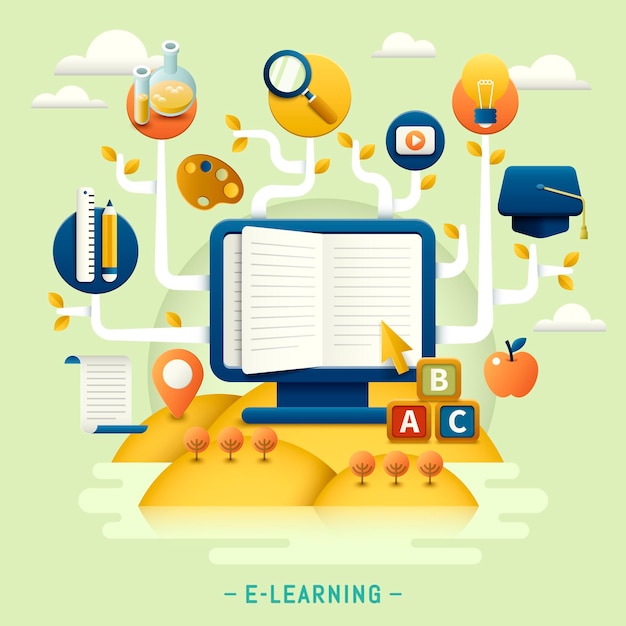 Vector education flat design, education tree with icons and stationery