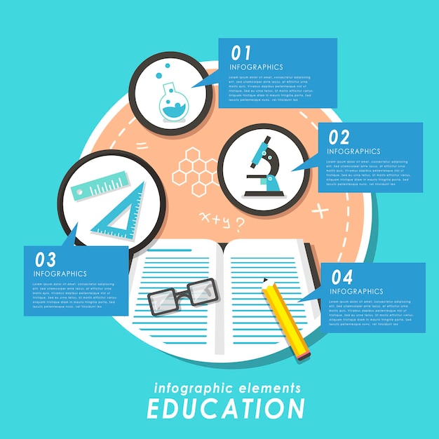 Vector education flat design with books and stationery in blue