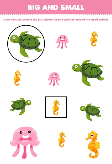 Образовательная игра для детей, упорядочите по размеру большой или маленький, нарисовав круг и квадрат милой мультяшной черепахи, медузы, морского конька, распечатайте подводный рабочий лист