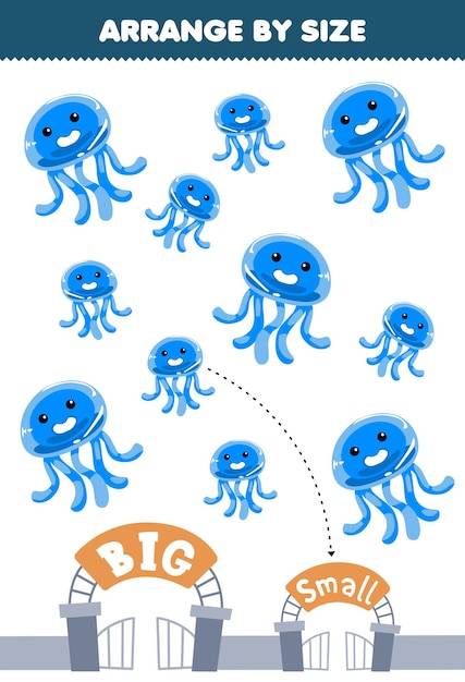 Education game for children arrange by size big or small of cute cartoon jellyfish printable animal worksheet