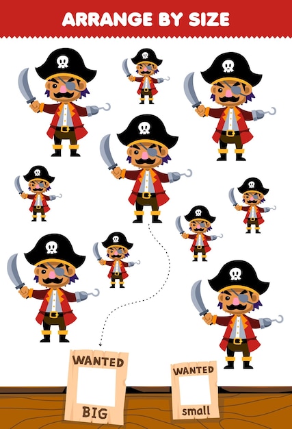 Education game for children arrange by size big or small picture of cute cartoon captain character printable pirate worksheet