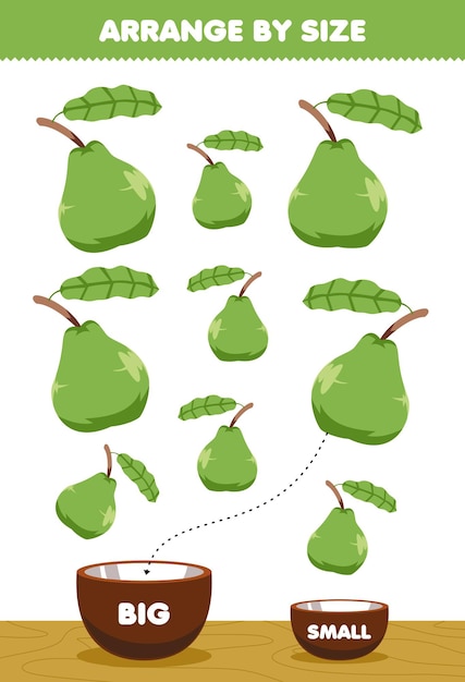 Gioco educativo per bambini organizza in base alle dimensioni grandi o piccole, mettilo nella ciotola con le immagini di guava di frutta dei cartoni animati