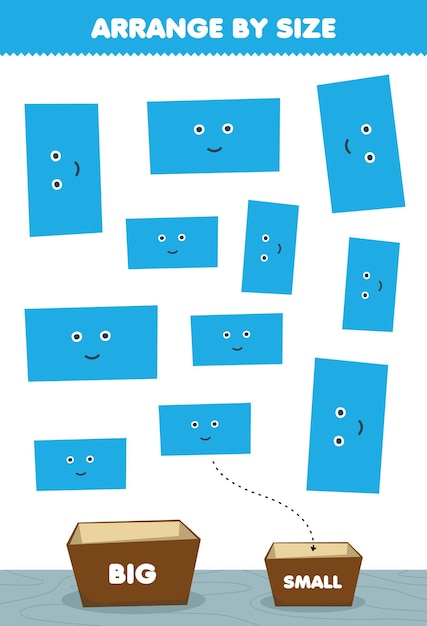 Vettore gioco educativo per bambini organizza per dimensioni grandi o piccole mettilo nella scatola immagini rettangolari di forme geometriche di cartoni animati carini