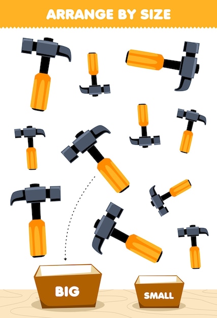 아이들을 위한 교육 게임은 크거나 작은 크기로 정렬하여 귀여운 만화 망치 그림 인쇄 가능한 도구 워크시트 상자에 넣습니다.