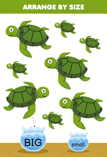 Education game for children arrange by size big or small put it in the fish bowl of cute cartoon turtle printable underwater worksheet