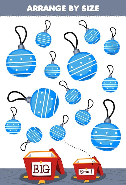 어린이를 위한 교육 게임은 크고 작은 크기로 정렬하여 귀여운 만화 파란색 공 장식 인쇄용 겨울 워크시트의 선물 상자에 넣습니다.