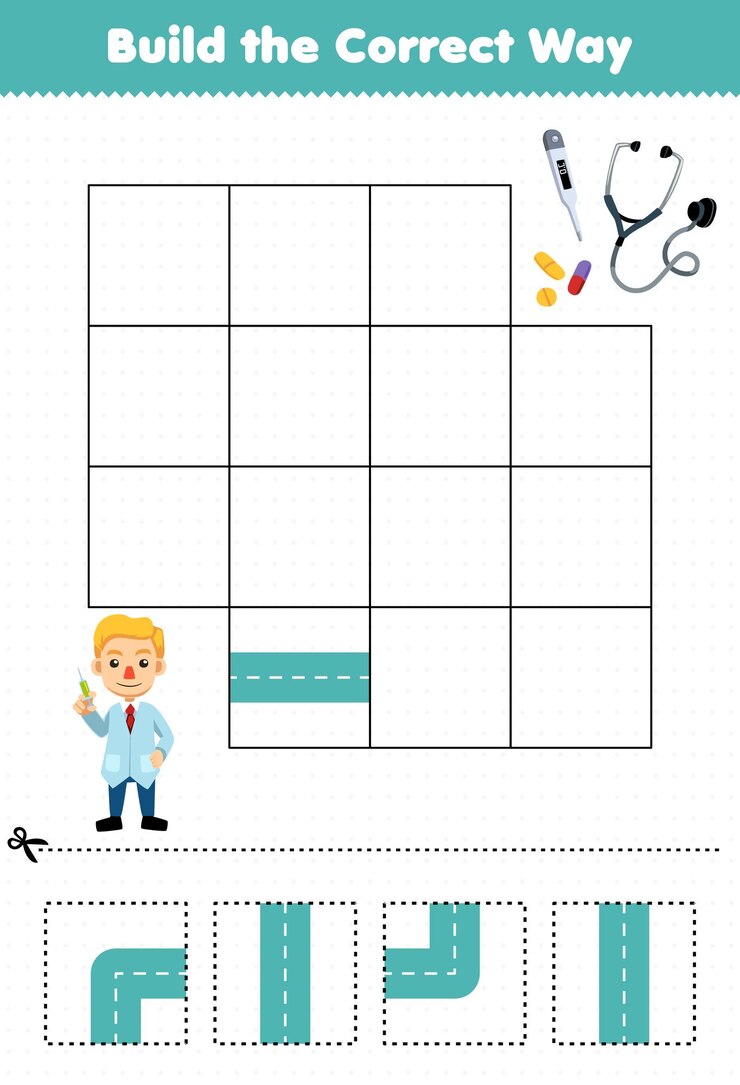 Vector education game for children build the correct way help cute cartoon doctor move to thermometer stethoscope medicine printable tool worksheet
