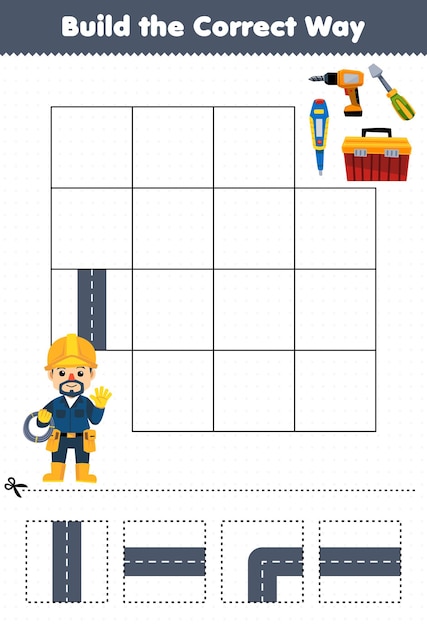 Education game for children build the correct way help cute cartoon electrician move to screwdriver drill toolbox printable tool worksheet
